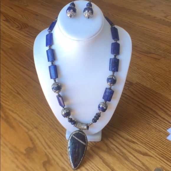 Large Lapis/Chrysocolla Necklace with Earrings - Artisan Handmade - Picture 5 of 14